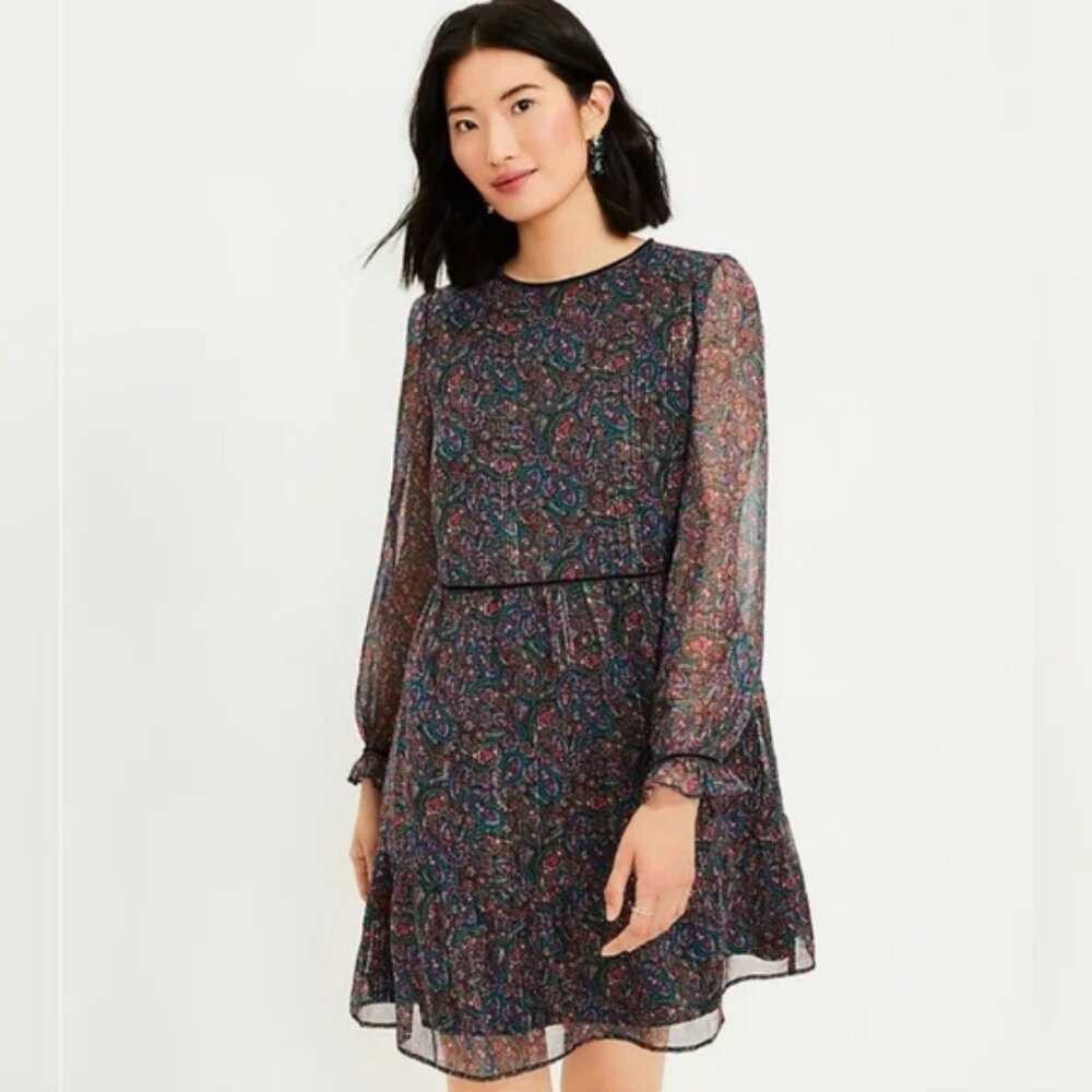 LOFT Multicolor Shimmer Metallic Paisley Floral Velvet Swing Petite Dress XSP